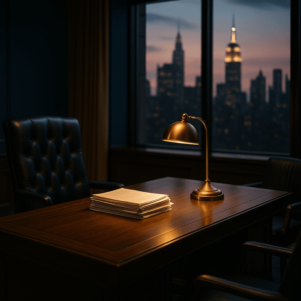 Law office desk with legal documents and the New York City skyline in the background